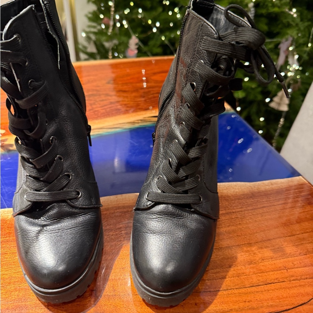 Steve Madden HANI Ankle Combat Lace-up Platform Heel Boots Black